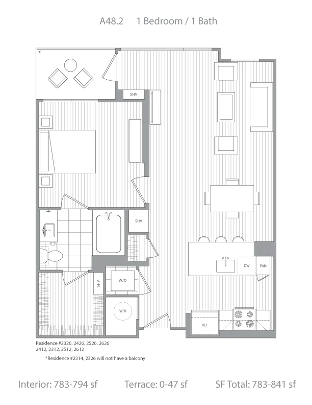 Modern A48.2 floor plan showcasing a spacious 1-bedroom, 1-bath layout with an open-concept living area, dining space, and kitchen. Featuring interior spaces ranging from 783-794 sq ft and terrace options up to 47 sq ft, totaling 783-841 sq ft.