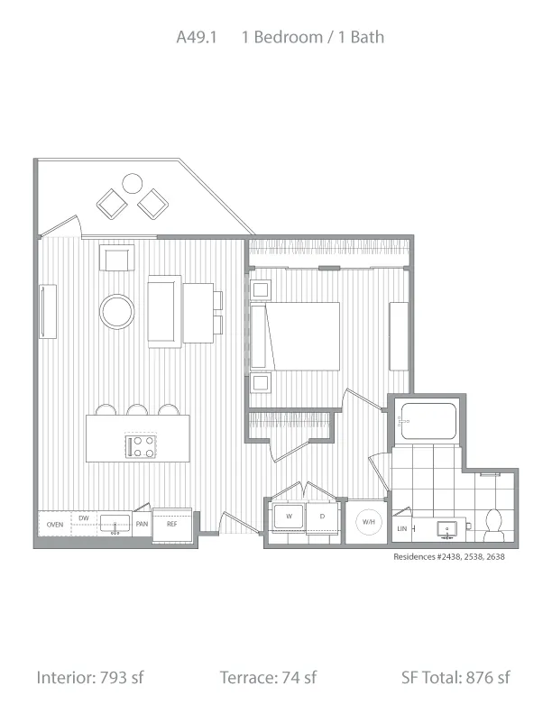 Modern 1-bedroom floor plan featuring an open living area, a well-equipped kitchen with island seating, and a private terrace. Spacious interior of 793 sq ft with additional 74 sq ft terrace for a total of 876 sq ft.
