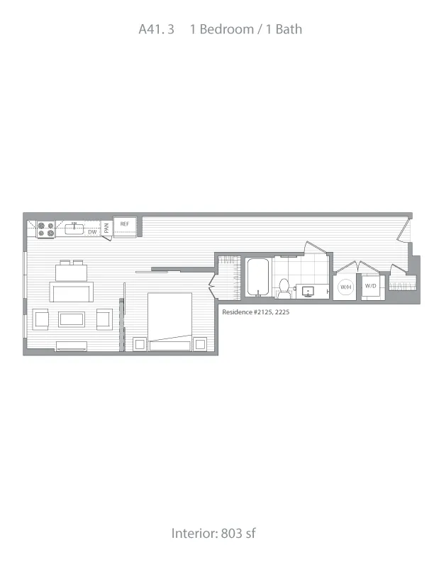 Modern floor plan featuring 1 bedroom and 1 bathroom with an open concept living area and kitchen. Compact yet spacious design with 803 sq ft of interior space.