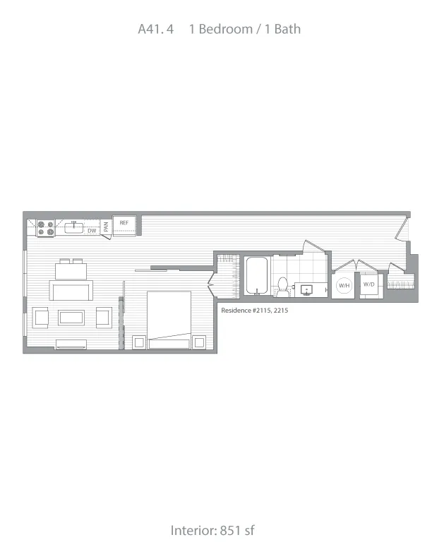 Elegant floor plan A41.4 featuring 1 bedroom, 1 bath in Residence #2115, 2215, with an open-concept living area and modern kitchen, spanning 851 sq ft.