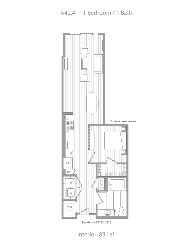 Sophisticated floor plan showcasing a 1 bedroom, 1 bath layout with open living and kitchen area, spanning 831 sq ft.
