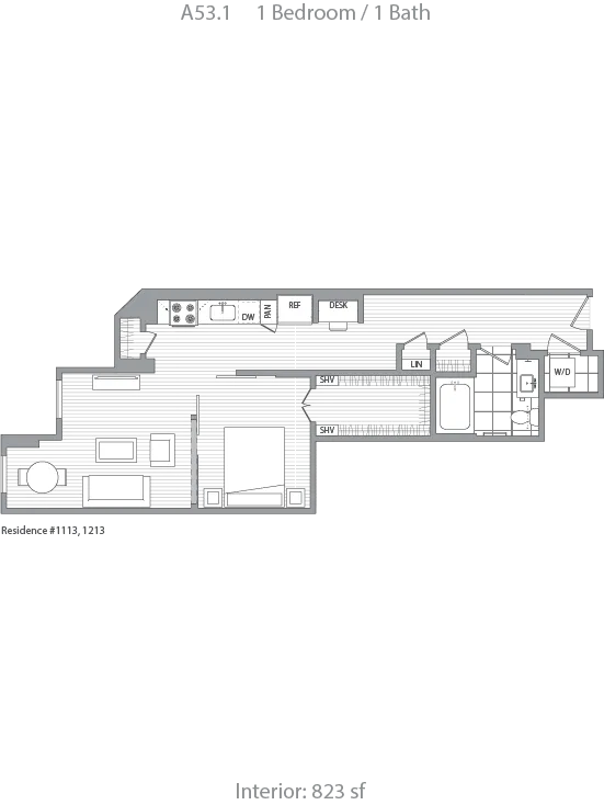 Modern floor plan for a 1 bedroom, 1 bath apartment featuring an open living area, kitchen with desk space, and integrated washer/dryer. Stylish design and functionality in 823 sq ft.