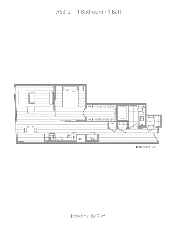 Chic floor plan highlighting a 1 bedroom, 1 bath layout with an open living area and modern kitchen, spanning 847 sq ft.