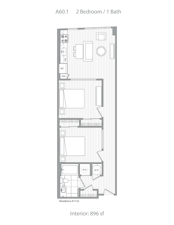 Elegant floor plan A60.1 featuring 2 bedrooms, 1 bath, a compact kitchen, and a cozy living space, with an interior size of 896 sq ft.