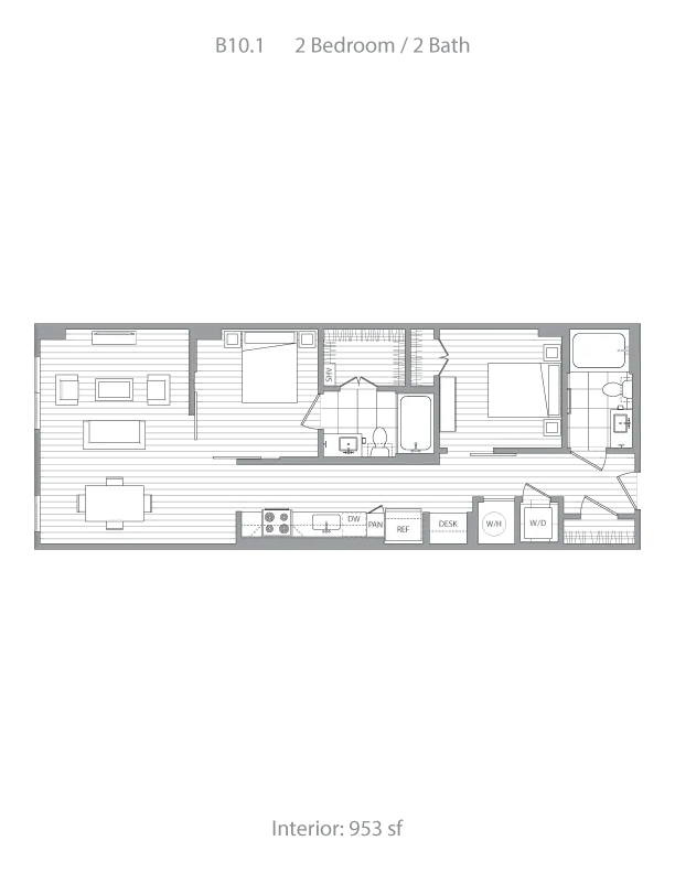 Contemporary B10.1 floor plan with 2 bedrooms, 2 baths, and an open living area, spanning 953 sq ft.