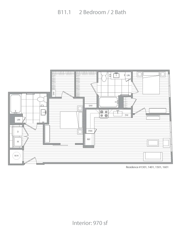 Modern floor plan B11.1 featuring 2 bedrooms and 2 bathrooms with an elegant open-concept layout, spanning 970 square feet.