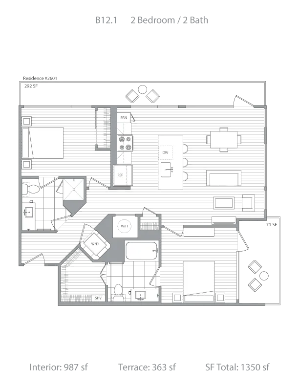 Modern B12.1 floor plan showcasing 2 bedrooms, 2 bathrooms, open kitchen, and living area with terrace. Total space of 1350 sq ft, including 987 sq ft interior and 363 sq ft terrace.