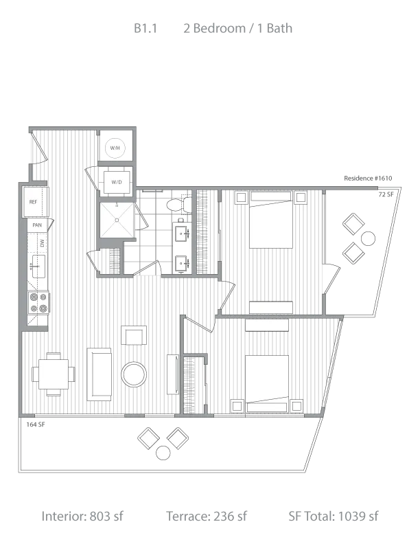 Modern floor plan showcasing 2 bedrooms, 1 bathroom, chic kitchen, and inviting living area. Features spacious terrace and functional layout, totaling 1039 sq ft.