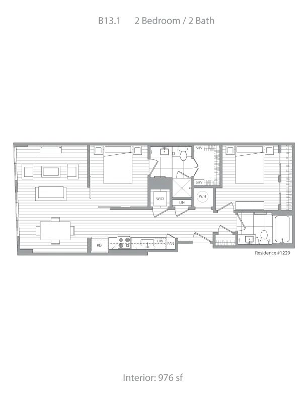 Elegant floor plan for B13.1 residence featuring 2 bedrooms, 2 bathrooms, and a modern kitchen, spread over 976 sq ft.