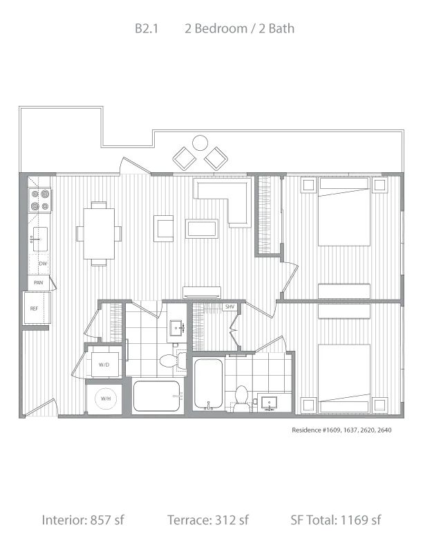 Sleek 2D floor plan showcasing a contemporary 2 bedroom, 2 bath layout with spacious living area, modern kitchen, and generous terrace space totaling 1,169 sq ft.