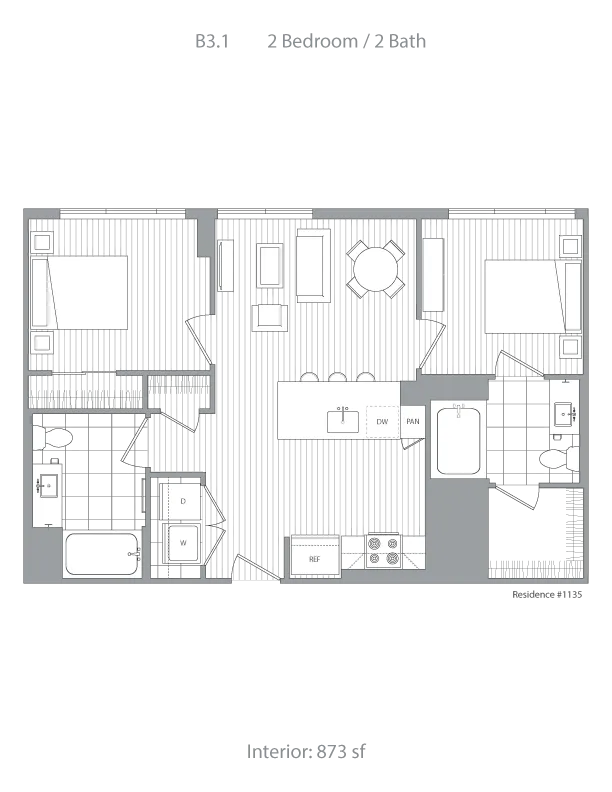 Modern 2D floor plan showcasing 2 bedrooms, 2 baths, open-concept living area, and efficient kitchen layout, 873 sq ft.