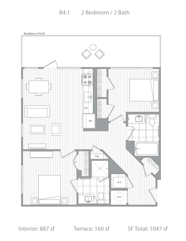 Elegant floor plan B4.1 showcasing 2 bedrooms, 2 bathrooms, and a modern kitchen. Includes spacious living area and a lovely terrace, totaling 1,047 sq ft.