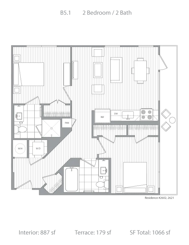 Modern B5.1 floor plan with 2 bedrooms and 2 baths, featuring a spacious open-concept living room and kitchen, total interior of 887 sq ft plus a 179 sq ft terrace, totaling 1066 sq ft.