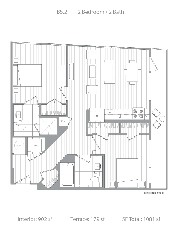 Chic floor plan B5.2 showcasing 2 bedrooms and 2 baths, with a spacious open-concept living and dining area, modern kitchen, and a generous terrace, totaling 1081 sq ft