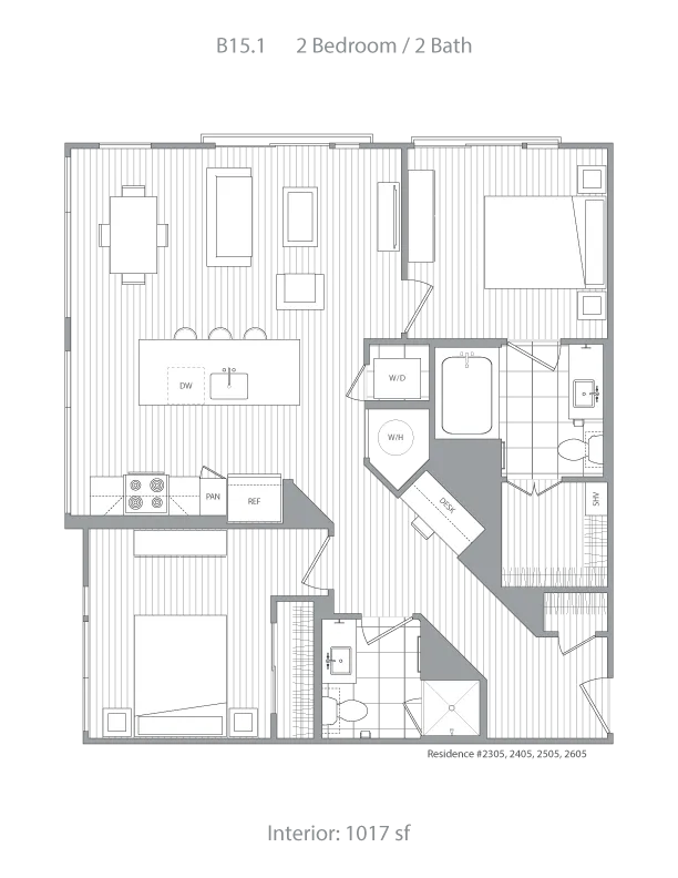 Modern floor plan B15.1 featuring 2 bedrooms, 2 baths, an open kitchen layout with dining area, and 1017 sq ft of interior space.