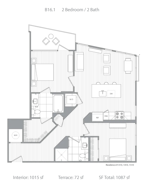 Innovative floor plan for B16.1 featuring 2 bedrooms, 2 bathrooms, spacious open living area, modern kitchen, and a private terrace. Interior spans 1015 sq ft with a 72 sq ft terrace, offering a total of 1087 sq ft.