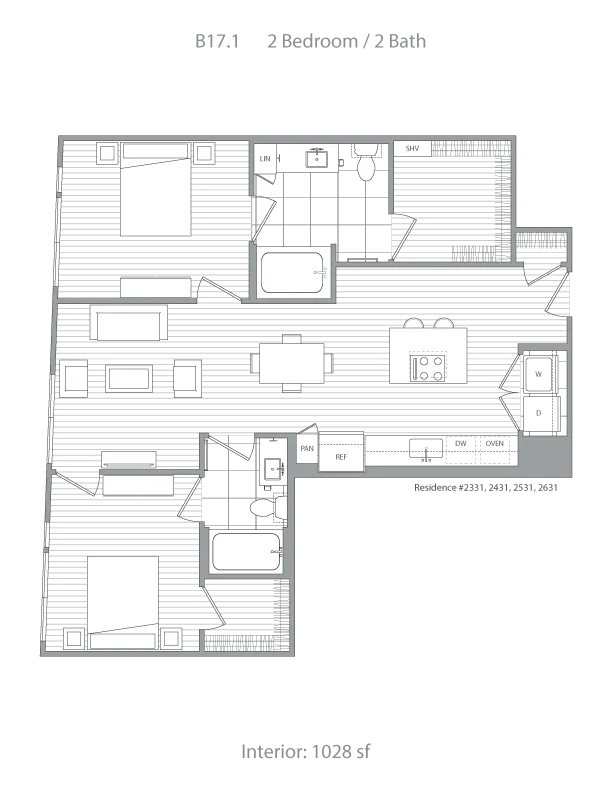 Elegant and contemporary floor plan for a 2 bedroom, 2 bath apartment featuring a spacious living area and modern kitchen. Interior spans 1028 square feet, perfect for comfortable living.