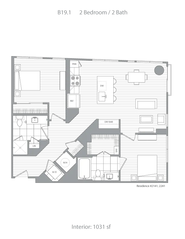 Modern floor plan showcasing 2 bedrooms and 2 bathrooms with an open-concept kitchen, dining area, and living room. Includes a dry bar and washer/dryer space, totaling 1031 sq ft.