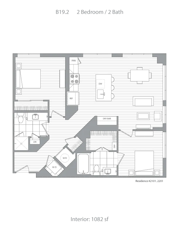 Modern floor plan B19.2 featuring 2 bedrooms and 2 bathrooms, with an open living area, dining space, and a stylish kitchen, spanning 1082 sq ft.