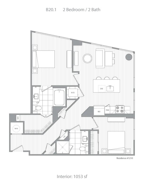 Modern floor plan showcasing 2 bedrooms, 2 bathrooms, open-concept living and dining area, and a well-equipped kitchen. Spacious 1053 sq ft interior perfect for stylish living.