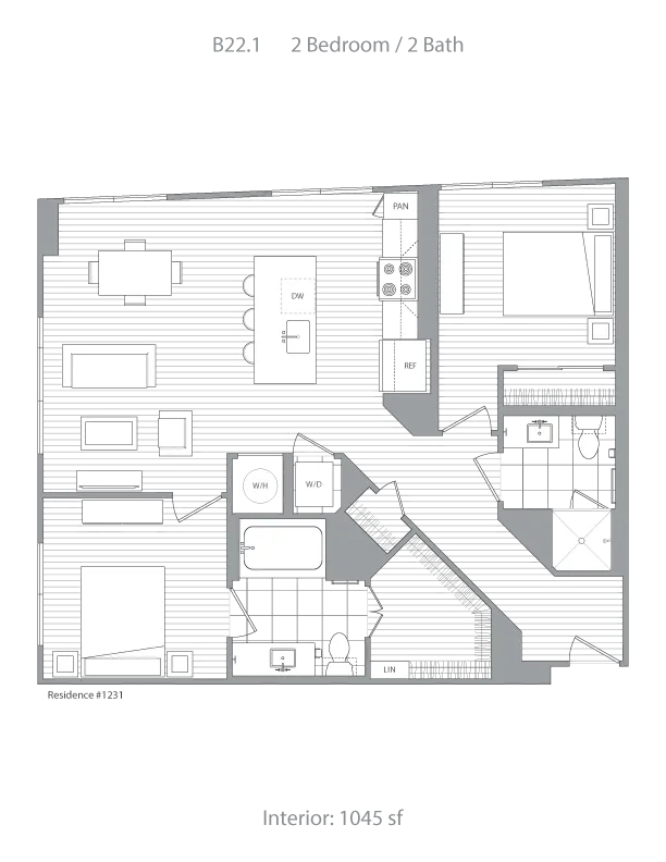 Modern floor plan with 2 bedrooms and 2 baths, featuring a sleek open-concept living area and a contemporary kitchen layout, total interior 1045 sq ft.