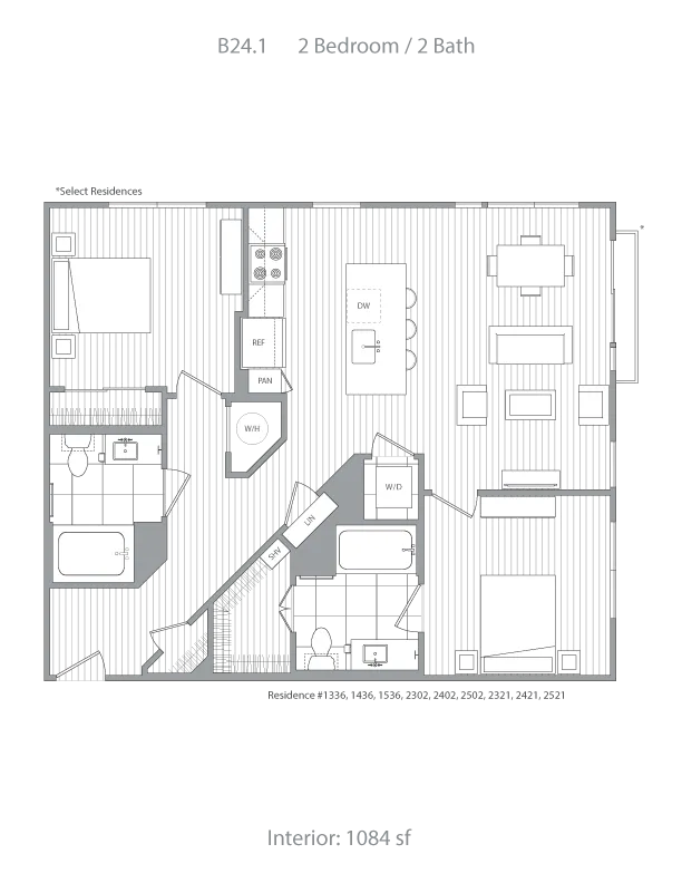 Chic B24.1 floor plan featuring 2 bedrooms and 2 bathrooms, expansive living area, and modern kitchen, spanning 1084 sq ft.