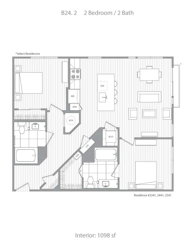Modern floor plan featuring 2 spacious bedrooms, 2 sleek bathrooms, open-concept living and dining area, and a fully equipped kitchen in a 1098 sq ft layout.