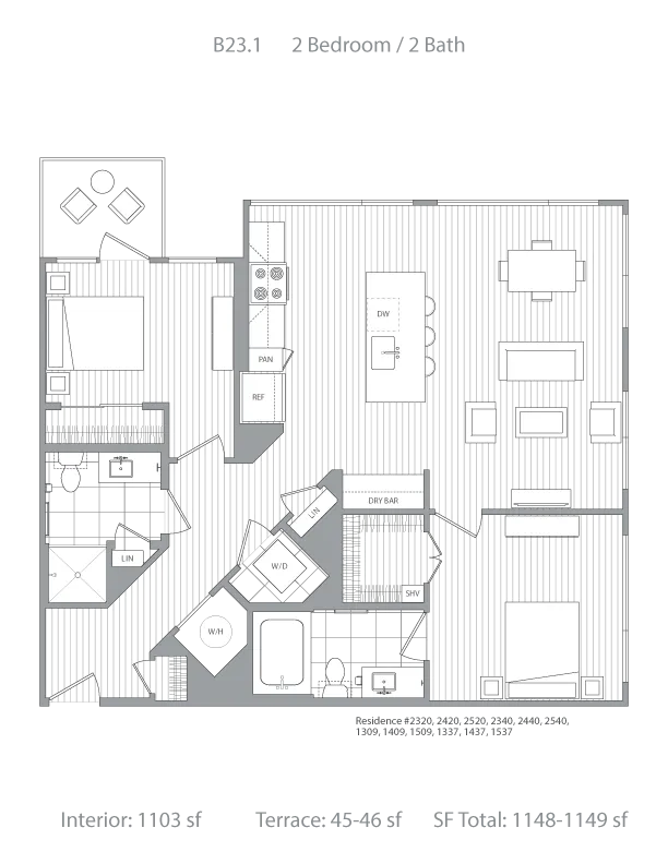 Contemporary floor plan showcasing 2 bedrooms, 2 bathrooms, a modern kitchen, and a spacious living area with a dry bar. Includes a terrace, ideal for relaxing, with a total area of 1148-1149 sq ft.