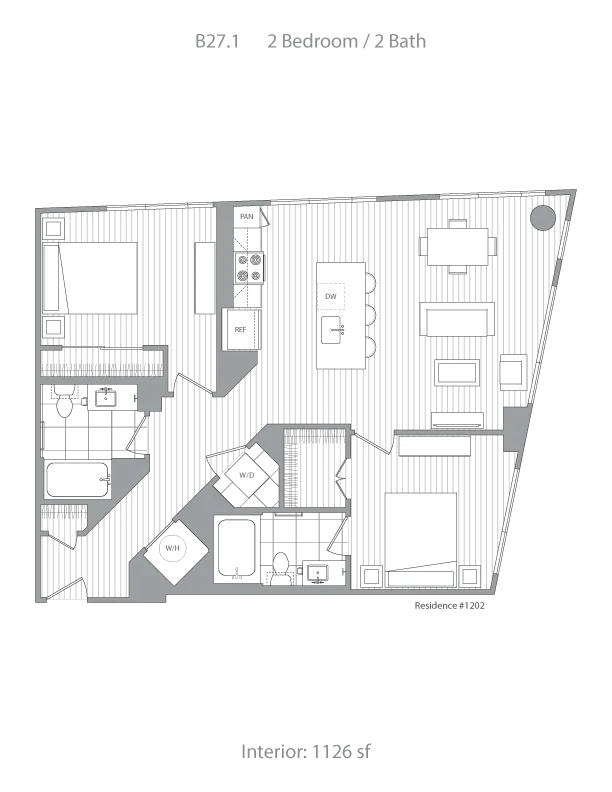 Contemporary floor plan B27.1 with 2 bedrooms, 2 bathrooms, open kitchen, and spacious living area, spanning 1126 sq ft.