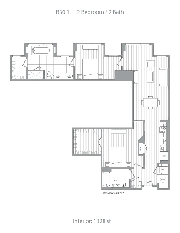 Modern floor plan B30.1 showcasing 2 bedrooms and 2 bathrooms with open living space, stylish kitchen, and 1328 sq ft interior.