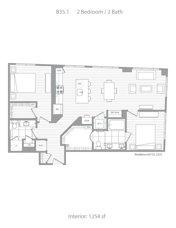 Modern floor plan B35.1 featuring 2 spacious bedrooms, 2 elegant bathrooms, open-concept living and dining area, gourmet kitchen with pantry, and a dry bar. Total interior space of 1254 sq ft.