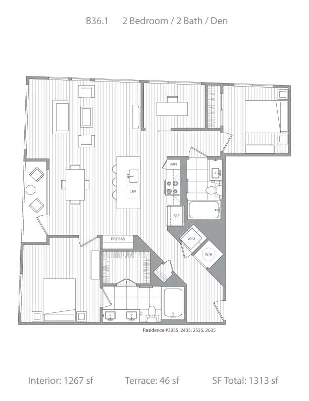 Elegant floor plan of a B36.1 residence featuring 2 bedrooms, 2 bathrooms, and a den, with modern kitchen and open living area. Interior measures 1267 sq ft with an additional 46 sq ft terrace, totaling 1313 sq ft.