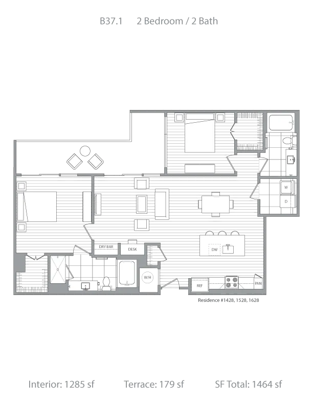 Modern floor plan B37.1 featuring 2 spacious bedrooms and 2 elegant baths, with an open-concept living area, a stylish kitchen, dry bar, and a private terrace. Total area of 1464 sf, including a 179 sf terrace.