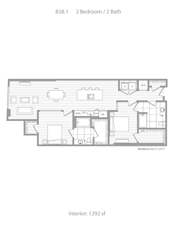 Modern floor plan B38.1 featuring 2 bedrooms and 2 bathrooms, an open-concept living area with kitchen, and in-unit laundry, spread over 1292 sq ft.
