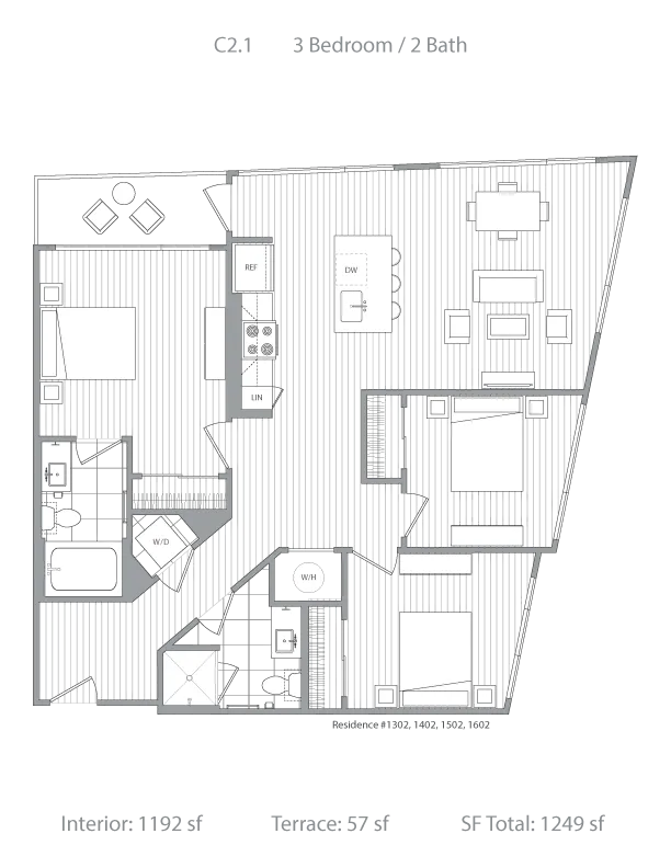 Luxurious 3 bedroom, 2 bath apartment floor plan showcasing an open kitchen, elegant living area, and spacious terrace in a refined 1249 sq ft layout.