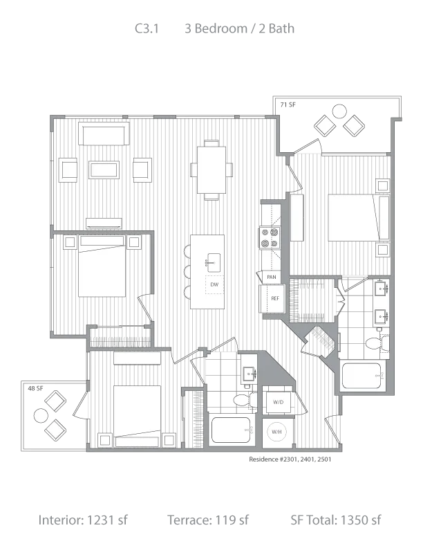 Elegant 3-bedroom, 2-bath floor plan with a spacious open-concept living area, modern kitchen, and two terraces offering 1,350 sq ft total.