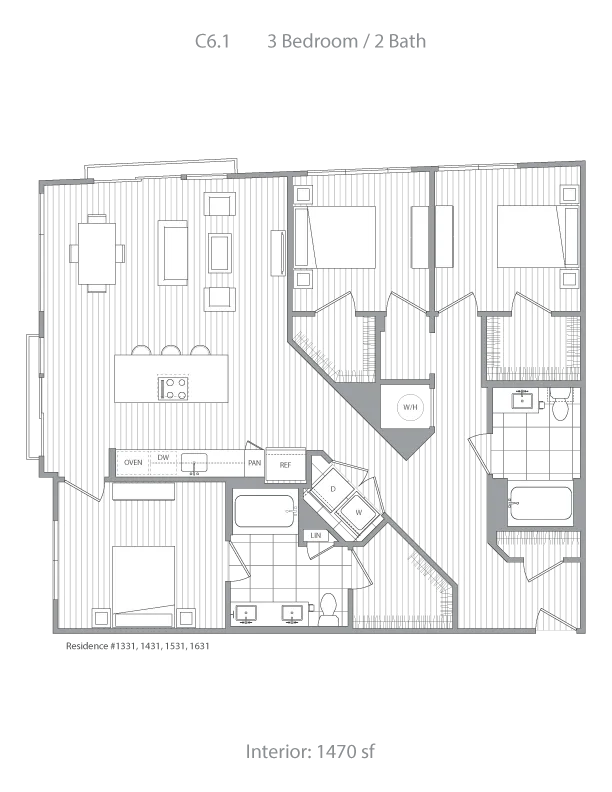 Spacious floor plan showcasing 3 bedrooms, 2 modern bathrooms, a sleek open kitchen, and a generous living area. Interior: 1470 sq ft.
