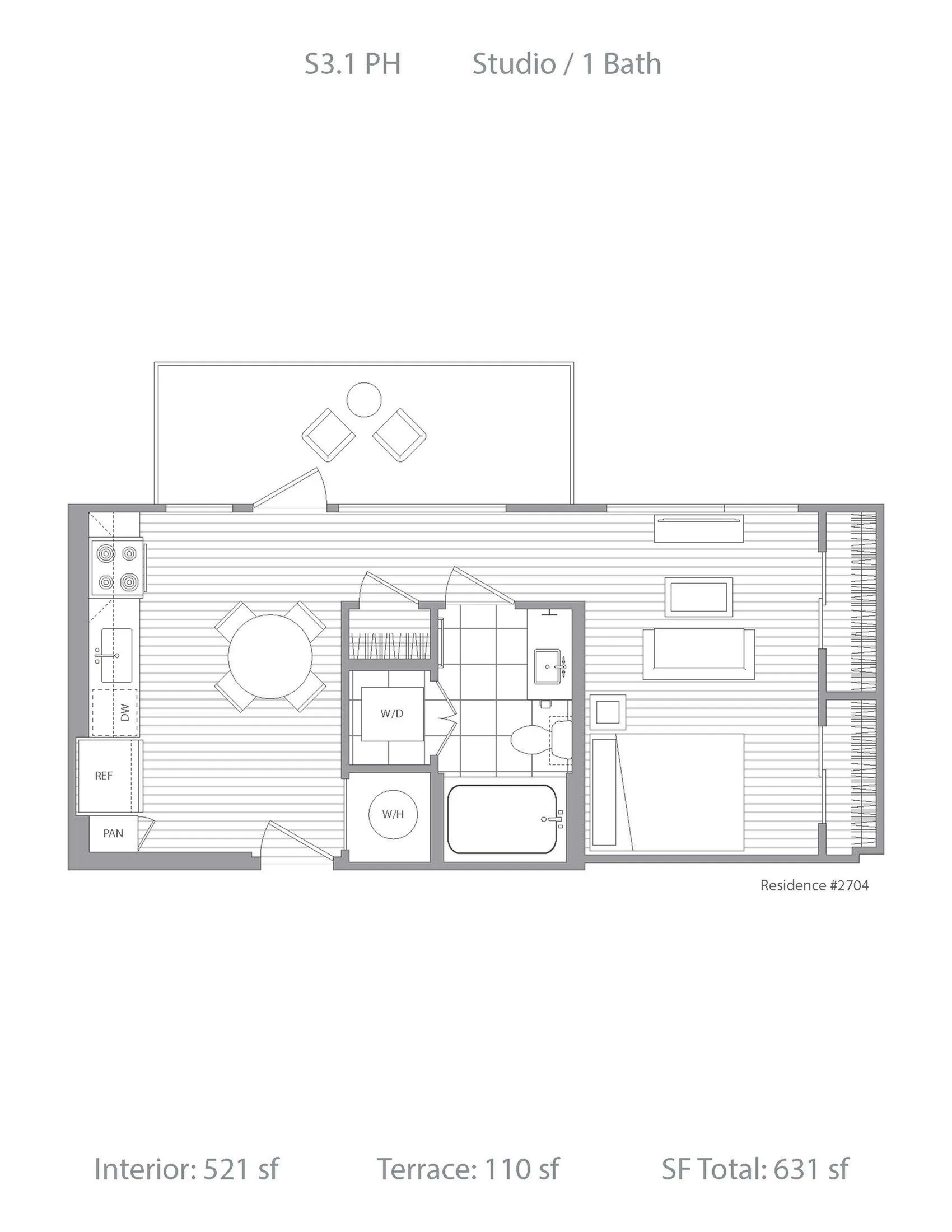 Contemporary studio floor plan featuring open living space, 1 bath, and a private terrace, totaling 631 sq ft.