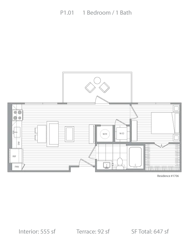 Elegant floor plan showcasing 1 bedroom and 1 bath with open living space, modern kitchen, and private terrace. Interior 555 sq ft, terrace 92 sq ft, total 647 sq ft.