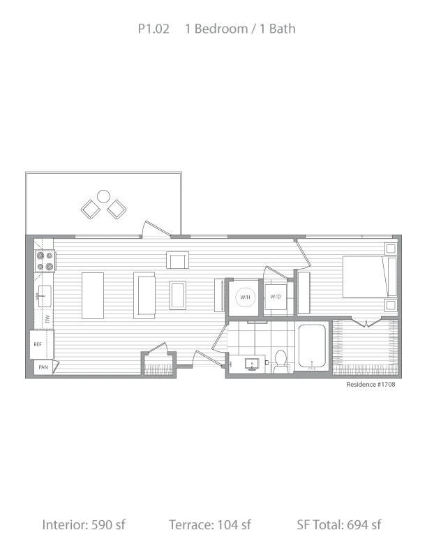 Modern 1-bedroom, 1-bath floor plan with open-concept living and dining area, featuring a spacious terrace. Interior size is 590 sq ft with an additional 104 sq ft terrace, total 694 sq ft.
