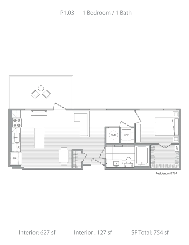 Modern 1 bedroom, 1 bath floor plan with open living space, stylish kitchen, and spacious balcony totaling 754 sq ft.