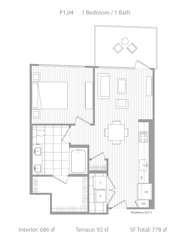 Chic 1 bedroom, 1 bath floor plan with an open-concept layout, spacious kitchen, and a cozy terrace, totaling 778 sf.