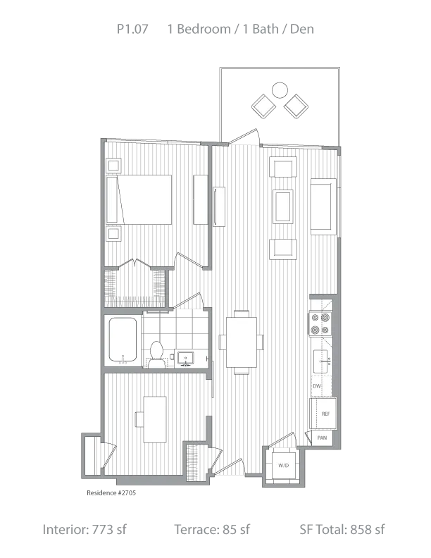 Elegant 1-bedroom, 1-bathroom floor plan with a cozy den and private terrace; interior spans 773 sq ft with an 85 sq ft terrace, providing a total living area of 858 sq ft.