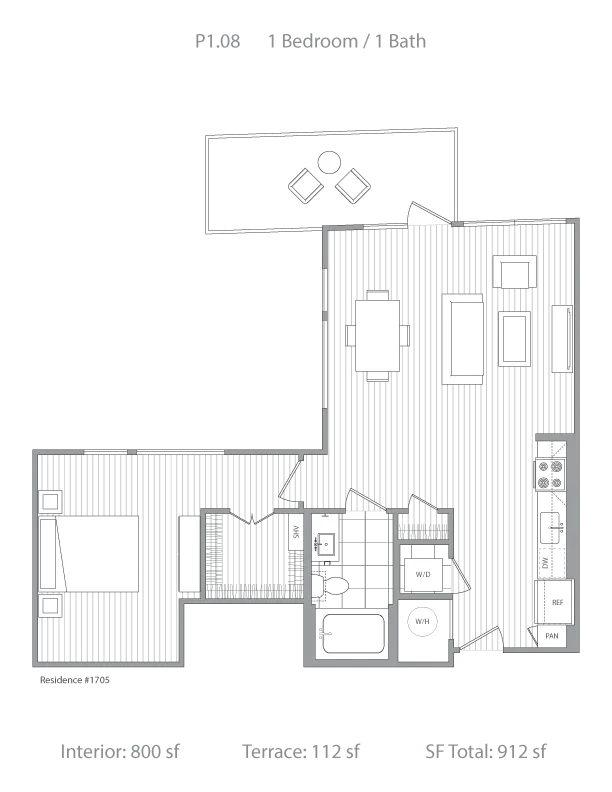 Elegant floor plan showcasing 1 bedroom and 1 bath with an open living area, modern kitchen, and spacious terrace. Total area: 912 sq ft.