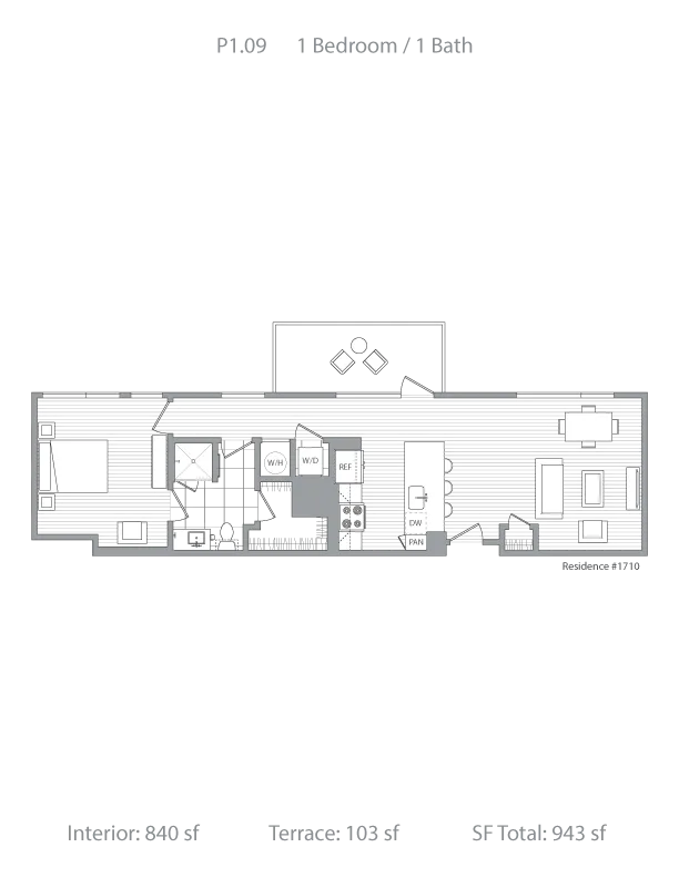 Elegant floor plan P1.09 showcasing 1 bedroom and 1 bath with a spacious 840 sq ft interior and a 103 sq ft terrace, totaling 943 sq ft, featuring an open living area and modern kitchen.