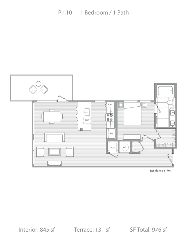 Elegant 1-bedroom, 1-bath apartment floor plan with open-concept living area, modern kitchen, and private terrace, totaling 976 sq ft.