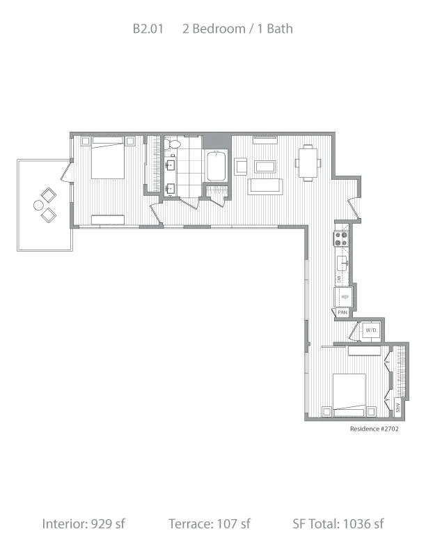 Modern floor plan B2.01 featuring 2 bedrooms and 1 bath with spacious interior of 929 sq ft, additional 107 sq ft terrace, and total area of 1036 sq ft.