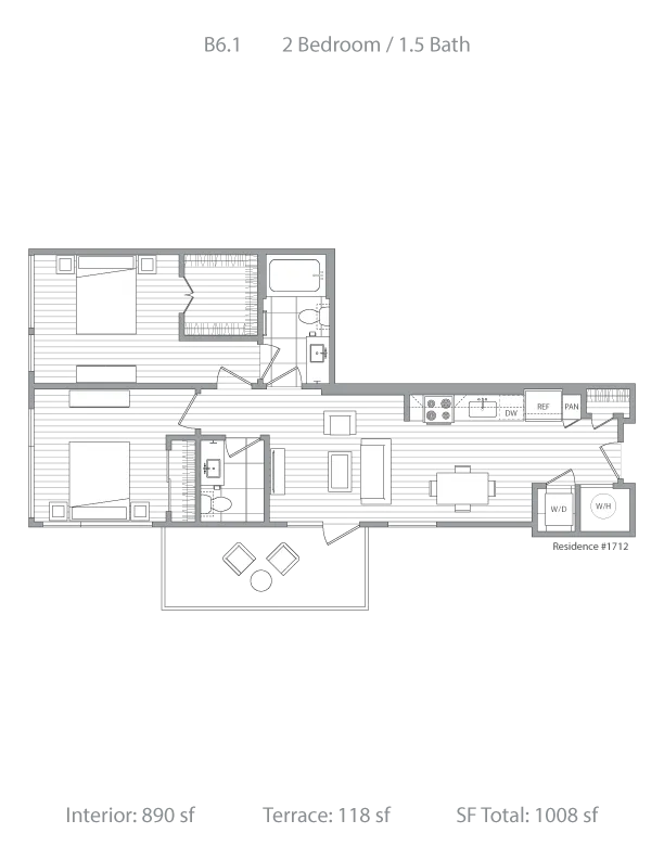 Elegant floor plan of Residence #1712 featuring a modern 2 bedroom, 1.5 bath layout with open-concept kitchen and living area, plus a spacious terrace. Interior 890 sq ft, terrace 118 sq ft, total 1008 sq ft.