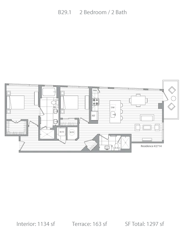 Contemporary 2D floor plan of a Residence B29.1 featuring 2 bedrooms, 2 baths, a modern kitchen, and spacious living area with a terrace. Total area is 1297 sq ft, including 1134 sq ft interior and 163 sq ft terrace.