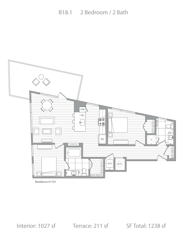 Contemporary floor plan B18.1 showcasing 2 bedrooms, sleek kitchen, and open living space with terrace. Interior 1027 sq ft, terrace 211 sq ft, total 1238 sq ft.